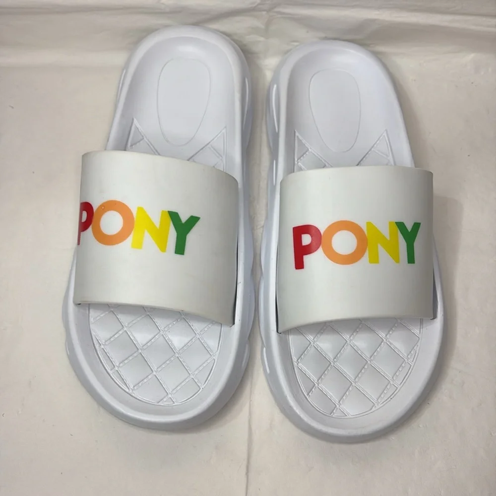 Pony Men’s Rainbow Slides White 10 Slides Slip-on Pool Basketball Beach Casual
